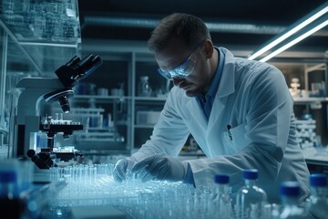 Poster - A scientist in a lab coat and protective gear diligently analyzes test tubes and samples in a well-equipped laboratory. Generative AI