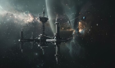 Wall Mural - galactic space station orbiting a distant nebula, 4k hyperrealistic photo
