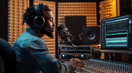 Leinwandbilder - The podcaster engages in a discussion, adjusting audio levels in a dynamic studio environment during a recording session. Generative AI