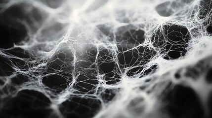 Detailed spider web, intricate pattern, white threads, black background, close-up, spooky, Halloween.