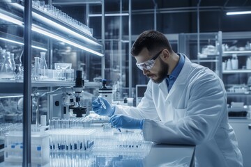 Leinwandbilder - A scientist wearing a lab coat and protective gear carefully handles test tubes and samples while working at a microscope in the lab. Generative AI