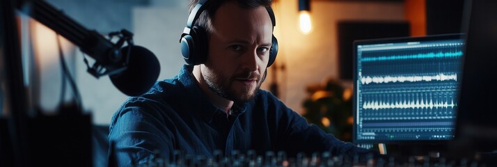Leinwandbilder - A podcaster is deeply focused while speaking in a contemporary recording studio filled with advanced equipment and vibrant lighting. Generative AI