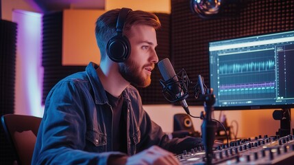 Poster - A focused podcaster speaks into a microphone, surrounded by sound equipment, delivering content in a modern studio setup. Generative AI