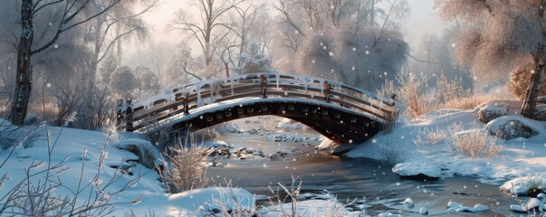 Sticker - Snow-covered bridge over a frozen stream, 4K hyperrealistic photo