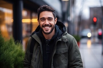 Portrait of a handsome young man smiling at the camera while standing outdoors