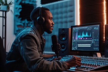 Leinwandbilder - The podcaster is actively speaking into a microphone while adjusting audio settings in a well-equipped studio. Generative AI