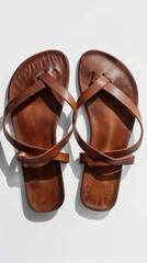 Pair of classic leather sandals, white background, 4K hyperrealistic photo