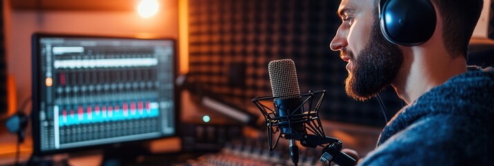 Aufkleber - A podcaster engages in conversation in a studio, using a microphone and headphones while recording content for their audience. Generative AI