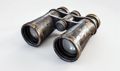 Pair of vintage binoculars, white background, 4K hyperrealistic photo