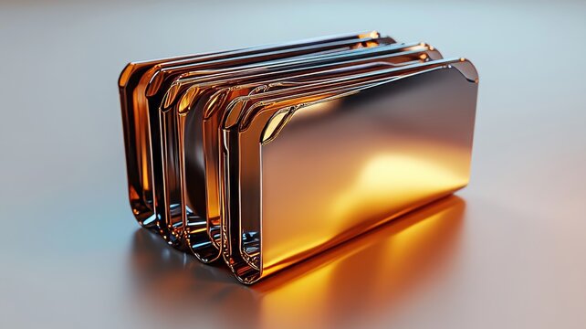 A futuristic chrome computer icon, like a retro folder or disc, rendered in a sleek, shiny style, placed against a minimalistic background of off-white or soft gray