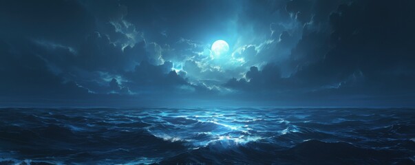 Stormy night at sea with moonlight casting eerie shadows on the water, 4K hyperrealistic photo