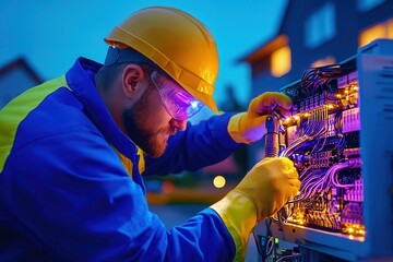 Electrician working on cables in evening, focused and detailed work environment.