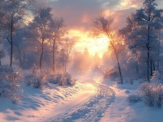 Wall Mural - a breathtaking snow landscape stretches across the horizon blanketed in fresh white snow with soft sunlight filtering through the trees creating a serene and magical winter scene