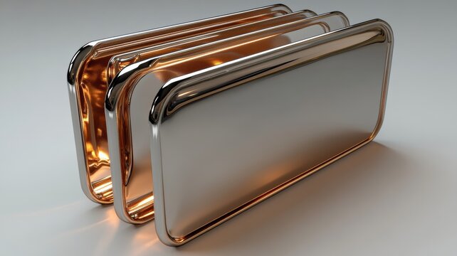 A futuristic chrome computer icon, like a retro folder or disc, rendered in a sleek, shiny style, placed against a minimalistic background of off-white or soft gray