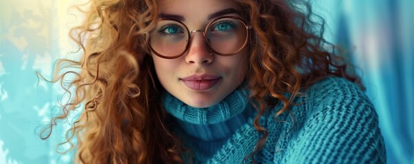 Wall Mural - Woman in blue sweater with long chestnut curls and glasses, warm smile, 4K hyperrealistic photo