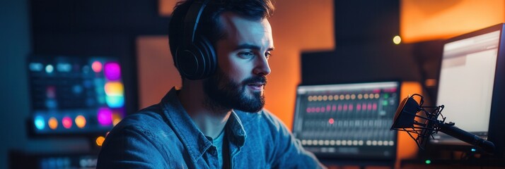 Leinwandbilder - The podcaster skillfully speaks into a microphone while navigating computer programs in a dynamic and colorful studio environment. Generative AI