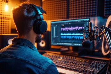 Poster - The podcaster speaks into a microphone, passionately sharing insights while adjusting settings in a well-equipped recording studio. Generative AI