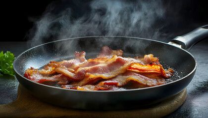 Fatty, crispy, golden fried bacon in the frying pan, steamy.