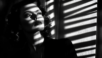 Use harsh, high-contrast black-and-white lighting to mimic the classic film noir aesthetic, with the subject dressed in vintage attire and framed in dramatic shadows cast by window blinds