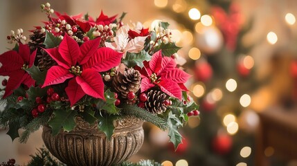 this arrangement features vibrant poinsettias and holly with pinecones, creating a festive centerpie