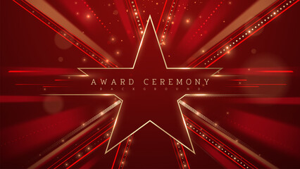 Red luxury award ceremony background with moving gold stars, light beams, bokeh, and ribbon decorations. Ideas for upscale event designs. Vector illustration.