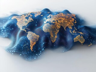 a digital abstract background featuring wave lines and a world map merging technology with science t