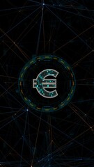 Poster - Motion graphic of Blue digital money logo with circle futuristic HUD elements and orange line connection with crypto currency finance and digital money technology concepts vertical abstract background