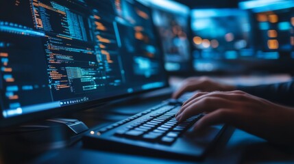 Wall Mural - A person coding at a computer setup with multiple screens displaying programming code in a dark environment.