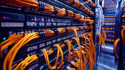 Wall Mural - A close-up view of a network server room filled with neatly arranged orange cables connecting various data ports.