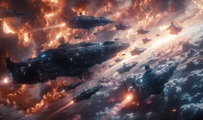 Wall Mural - epic confrontation of alien fleets amid shimmering cosmic dust clouds, 4k hyperrealistic photo