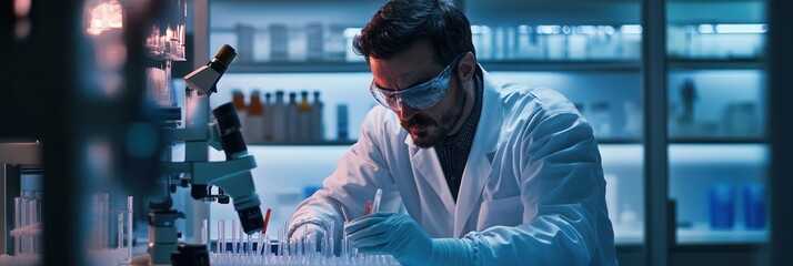 Poster - A scientist meticulously handles test tubes and samples in a laboratory, focused on precise research and analysis under artificial lights. Generative AI