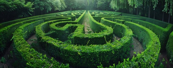 Wall Mural - Garden with neatly trimmed hedges and a maze, 4K hyperrealistic photo,