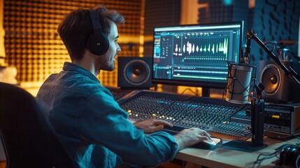 Leinwandbilder - A skilled podcaster is actively recording in a well-equipped studio while analyzing sound waves on the computer screen. Generative AI