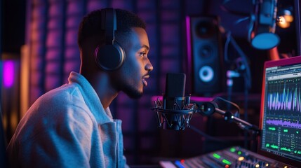 Leinwandbilder - A skilled podcaster engages the audience while recording in a modern studio, surrounded by advanced audio equipment and colorful lighting. Generative AI