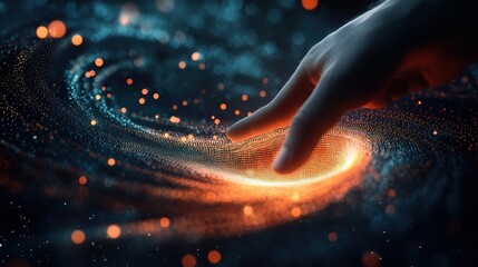 Poster - Hand touching a spinning data flow, data flow processing visualization background
