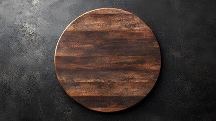 On black table, circular wooden tray or cutting board. Top view of barren kitchen with saw-cut imitation trendy rustic wooden tray.