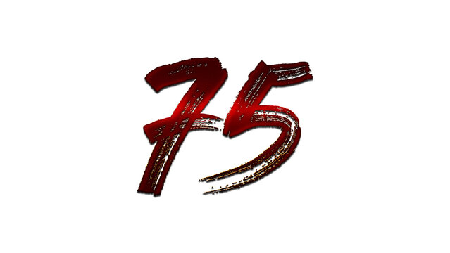 3D blood red number design of 75 on white background.