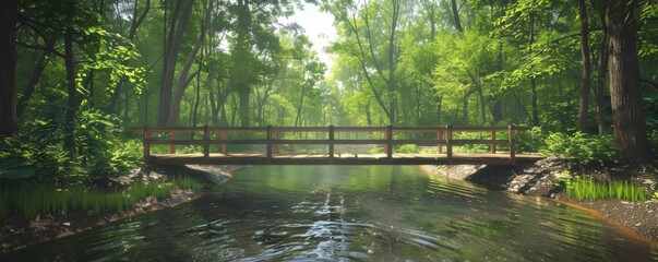 Poster - River with dense trees and a wooden bridge, 4K hyperrealistic photo,