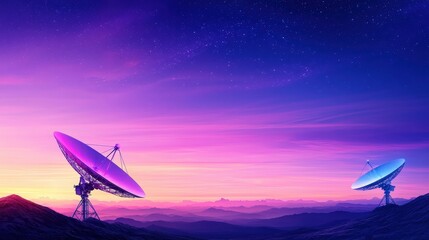 Wall Mural - two large radio telescopes are pointed at the sky, with a beautiful purple