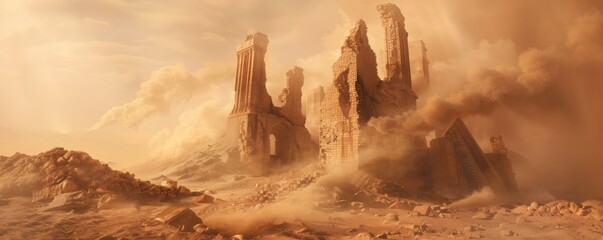 Wall Mural - sandstorm enveloping an ancient desert ruin, 4k hyperrealistic photo
