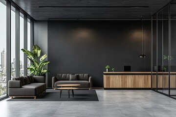 modern office interior design with an open space and a wooden desk, a sofa lounge area, and a glass wall in a black color background. Minimalist style interior concept idea for a business work environ