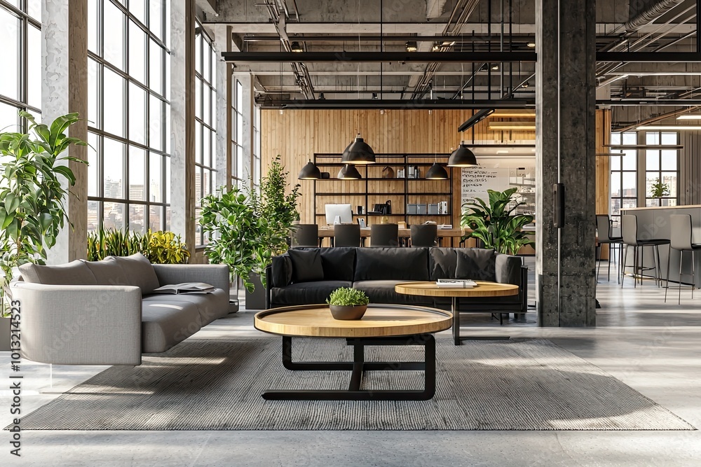 modern office interior design with an open space and a wooden desk, a ...
