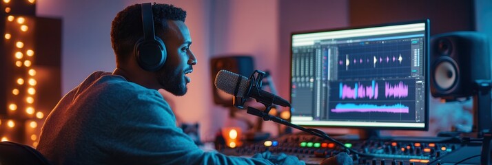 Aufkleber - The podcaster passionately discusses topics while monitoring sound waves on a computer, creating an immersive experience. Generative AI