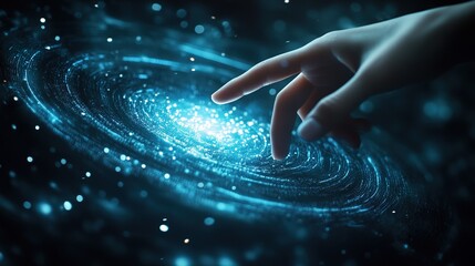 Poster - Hand touching a spinning data flow, data flow processing visualization background