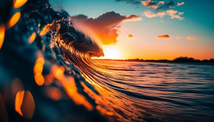 Poster - The horizon glows with vivid oranges and reds as waves crash gently against the shore, reflecting the warm colors of the setting sun on the tranquil ocean surface. Generative AI