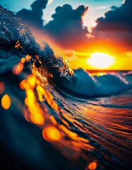 Poster - The horizon glows with vivid oranges and reds as waves crash gently against the shore, reflecting the warm colors of the setting sun on the tranquil ocean surface. Generative AI