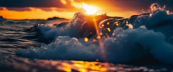Poster - The horizon glows with vivid oranges and reds as waves crash gently against the shore, reflecting the warm colors of the setting sun on the tranquil ocean surface. Generative AI
