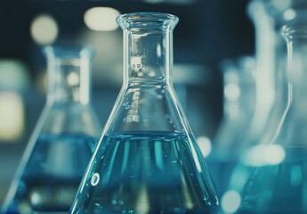 Science laboratory medical close up blurred bokeh abstract neutral background with flasks, tubes, microscopes and equipment