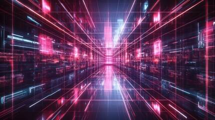 Abstract Digital Tunnel of Lines and Glowing Light: A Futuristic Cyber-Space Perspective.