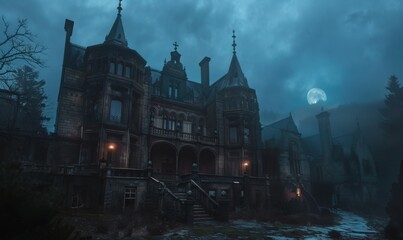 Sinister manor veiled in eternal twilight, 4K hyperrealistic photo